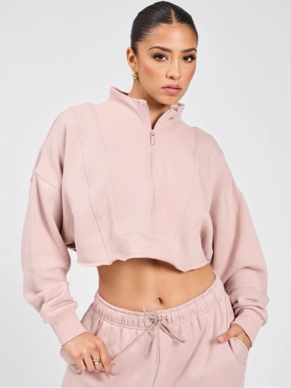 Buffbunny Threads Quarter Zip Cropped Sweatshirt Dusty Pink Medium
